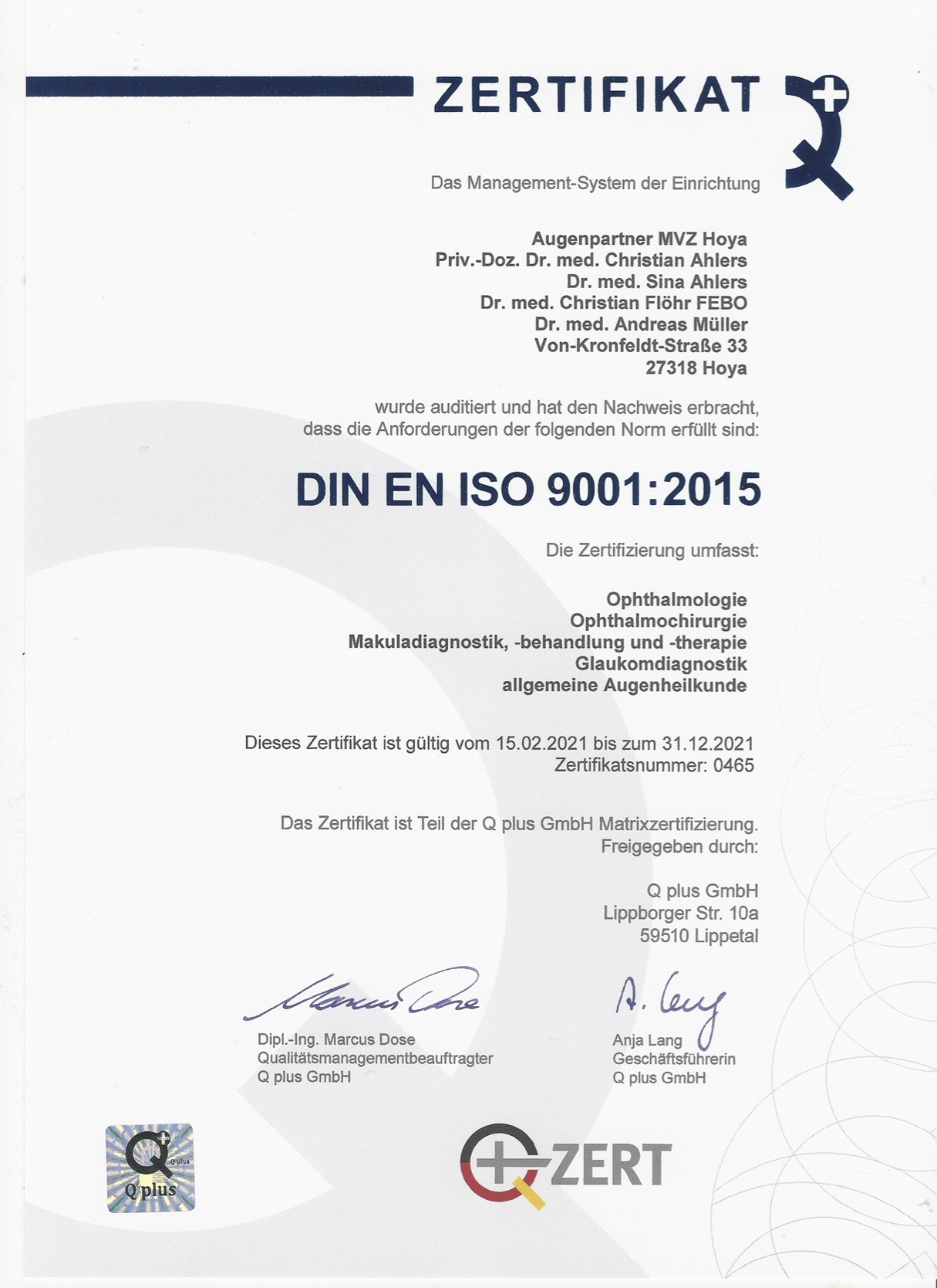 Zertifikat der Augenpartner Hoya über DIN ISO 9001