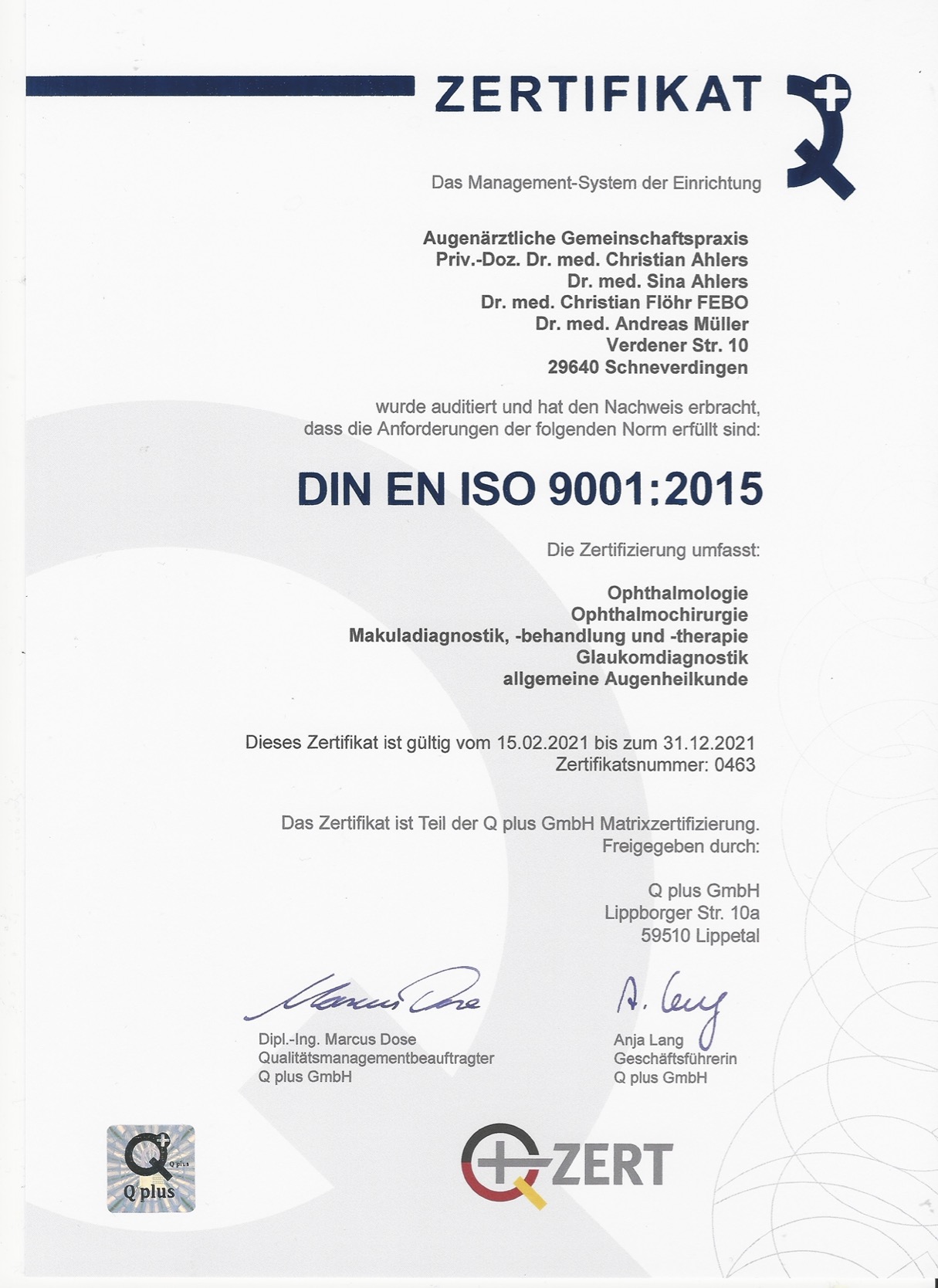 Zertifikat der Augenpartner Schneverdingen über DIN ISO 9001