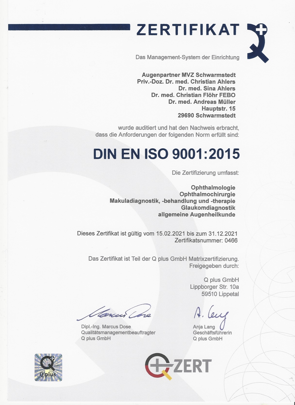 Zertifikat der Augenpartner Schwarmstedt über DIN ISO 9001