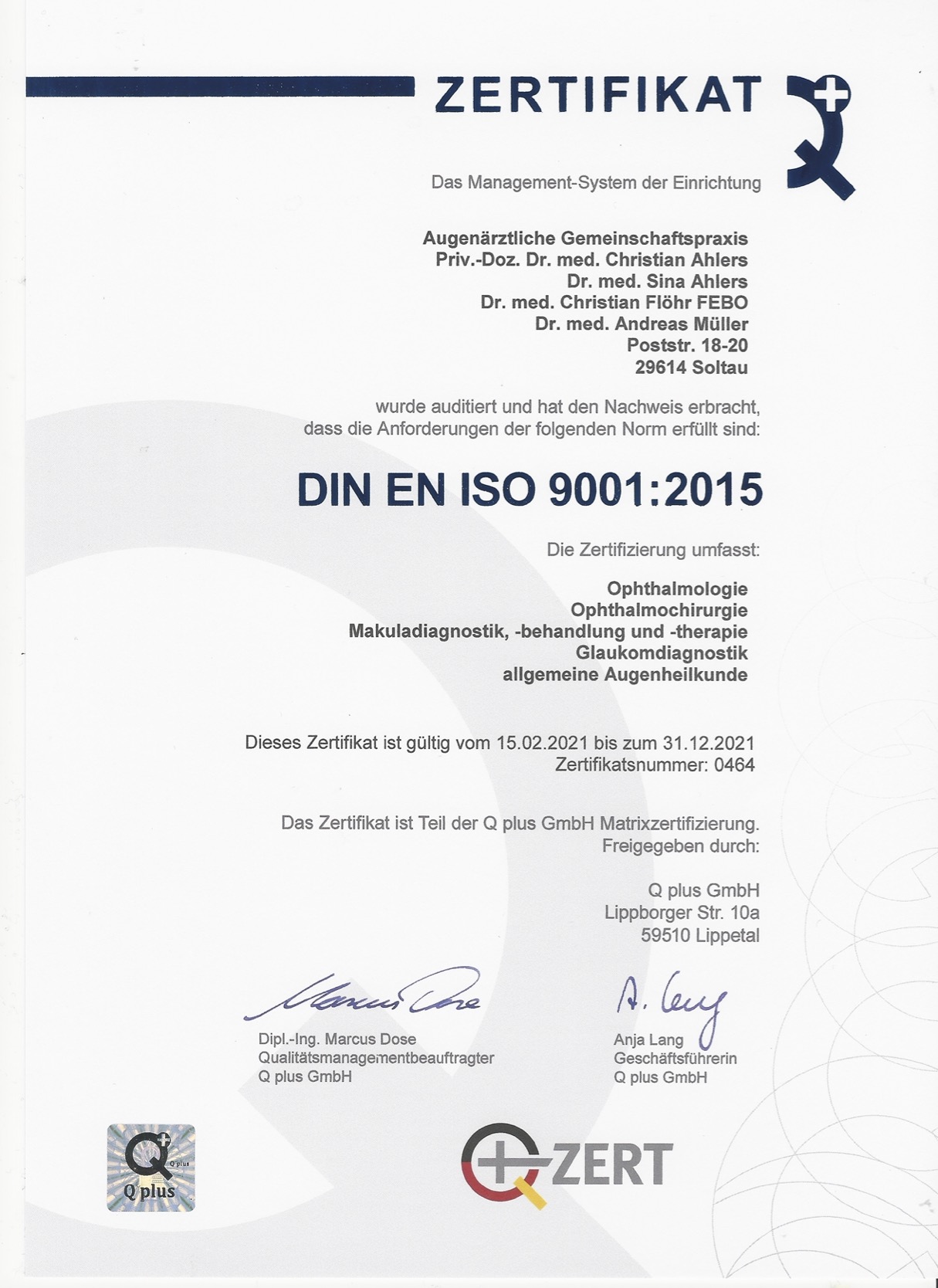 Zertifikat der Augenpartner Soltau über DIN ISO 9001