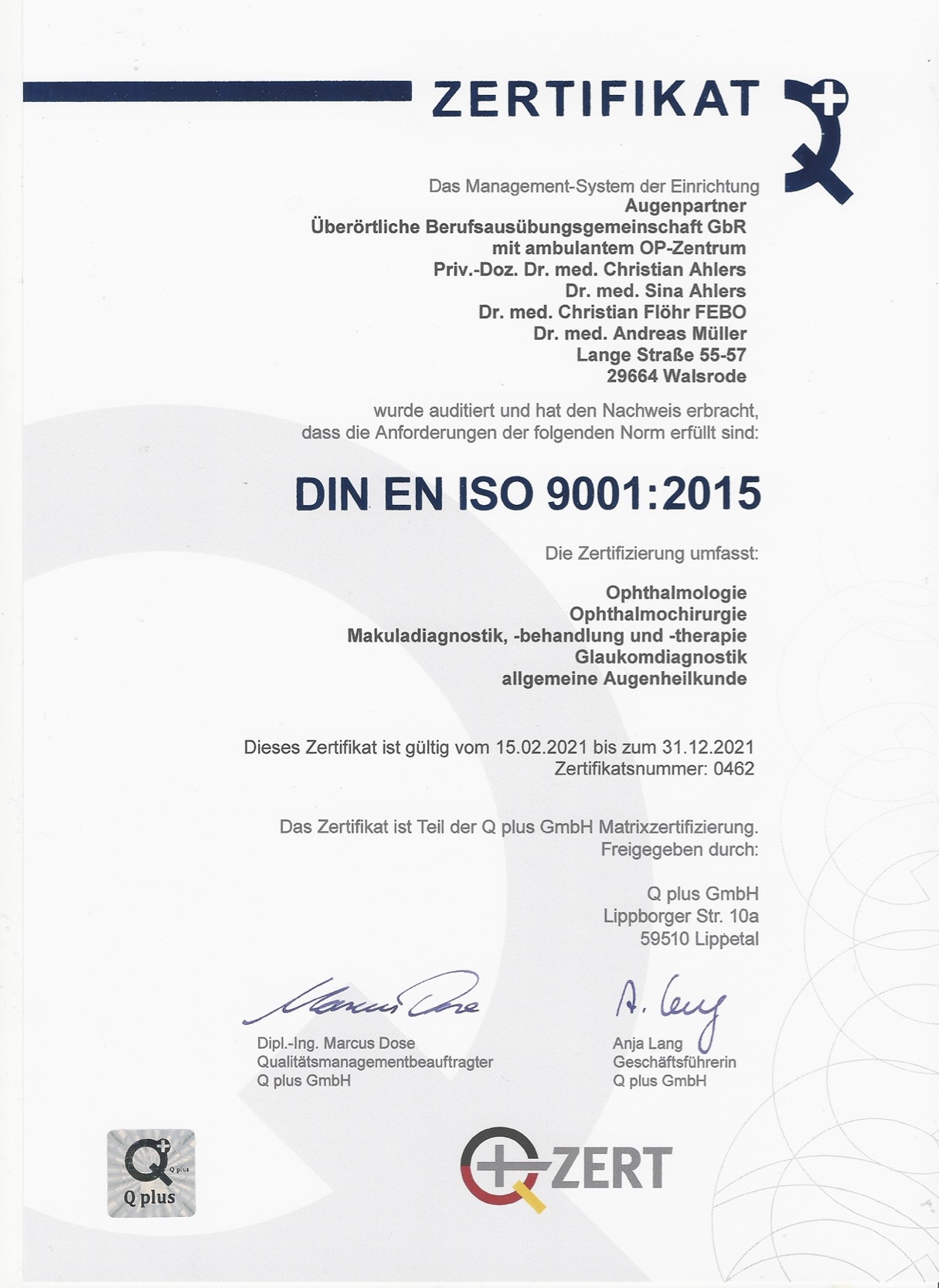 Zertifikat der Augenpartner Walsrode über DIN ISO 9001