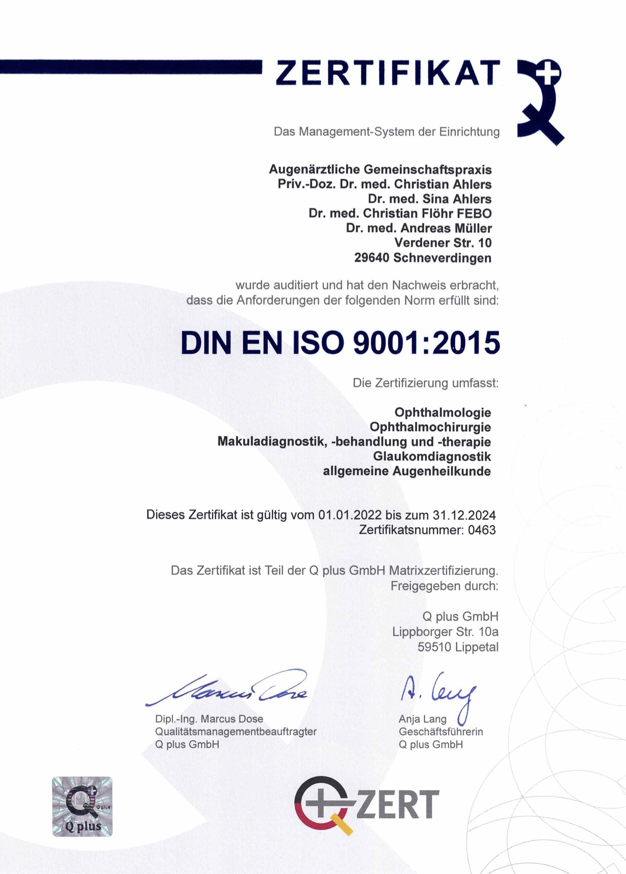 ISO Zertifikat Augenpartner Schneverdingen