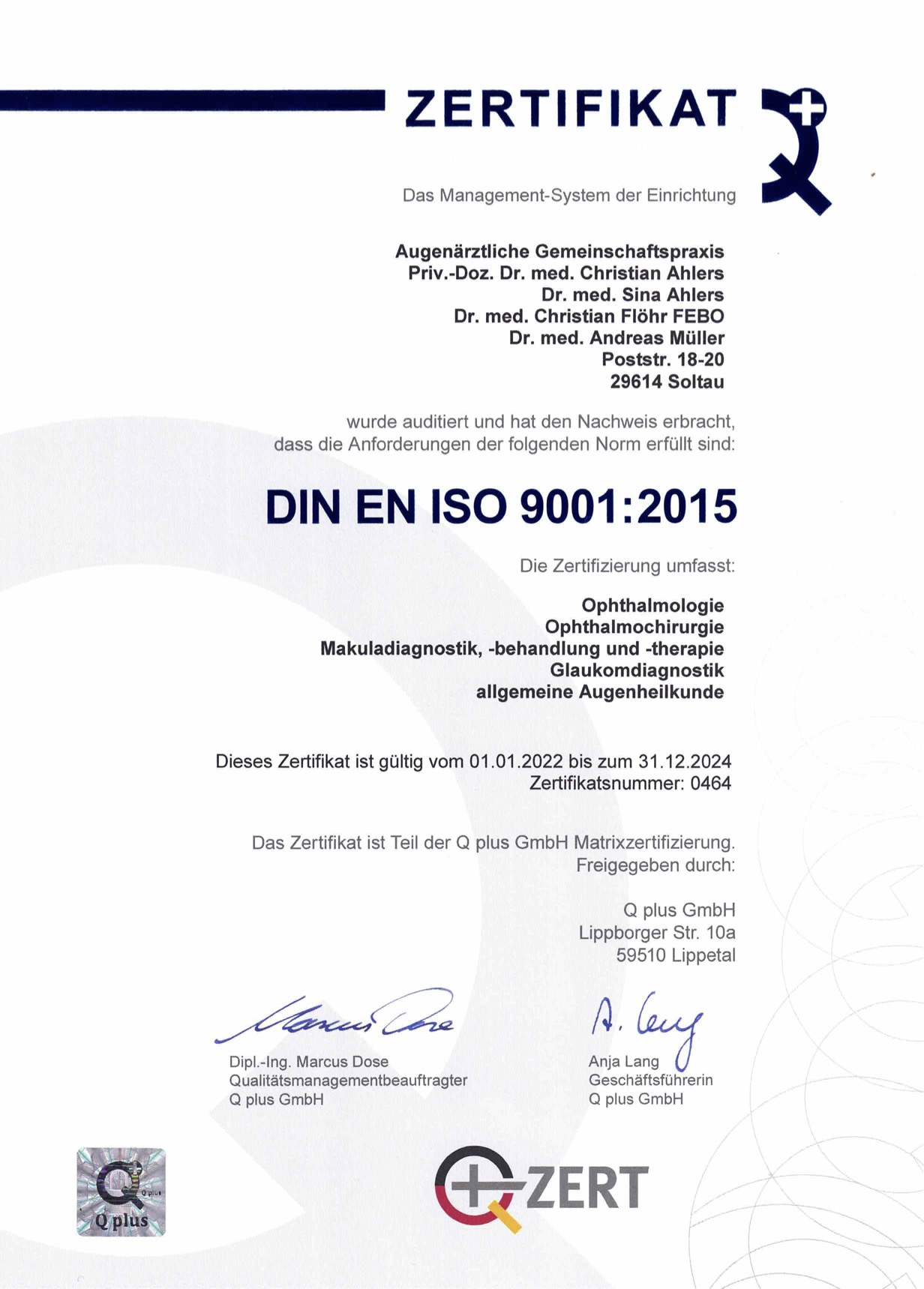 ISO Zertifikat Augenpartner Soltau